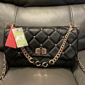 New black Vegan Leather CrossBody W/Diamond Quilted & Studs on Cover.